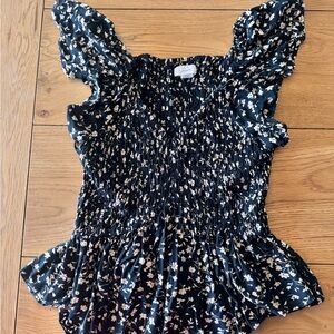 Navy Floral Smocked Blouse